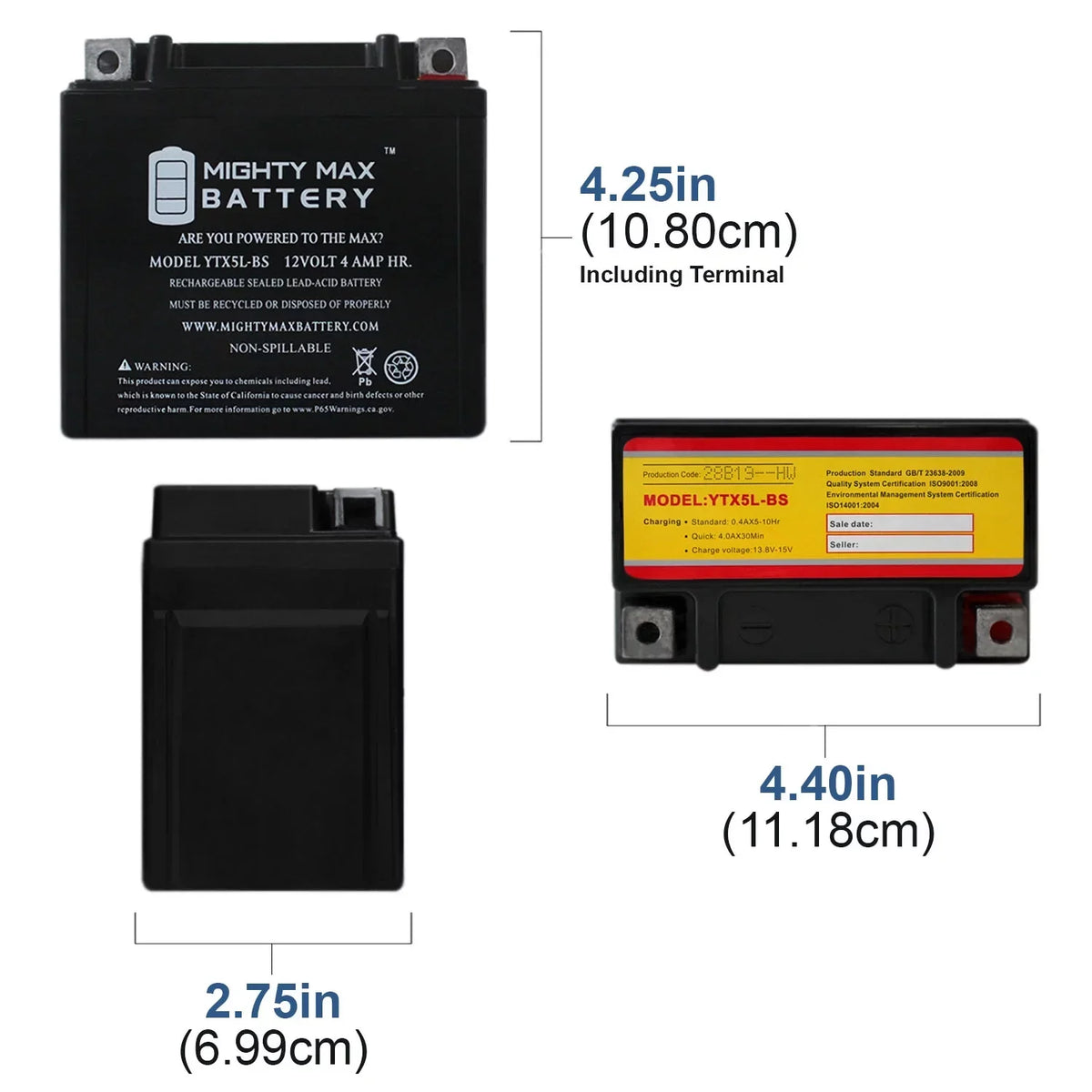 YTX5L-BS 12V 4AH 80 CCA Sealed Lead Acid Battery, 4 Pack - YTX5L-BS