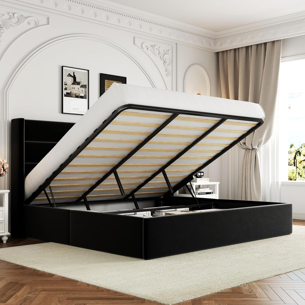 Queen Size Lift-Up Storage Bed With Wingback Headboard, Upholstered Platform Bed Frame With Hidden Storage