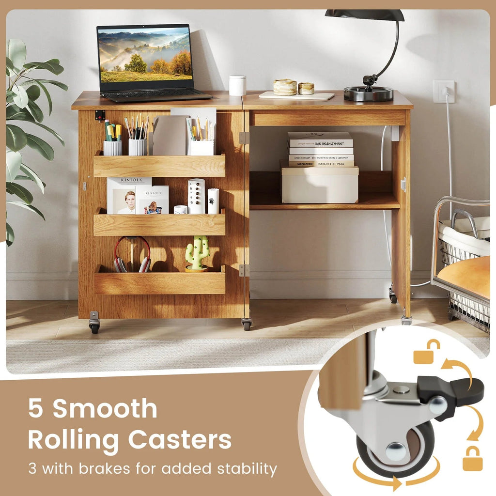 Costway Folding Sewing Table With 3 Storage Bins And Charging Station, Natural