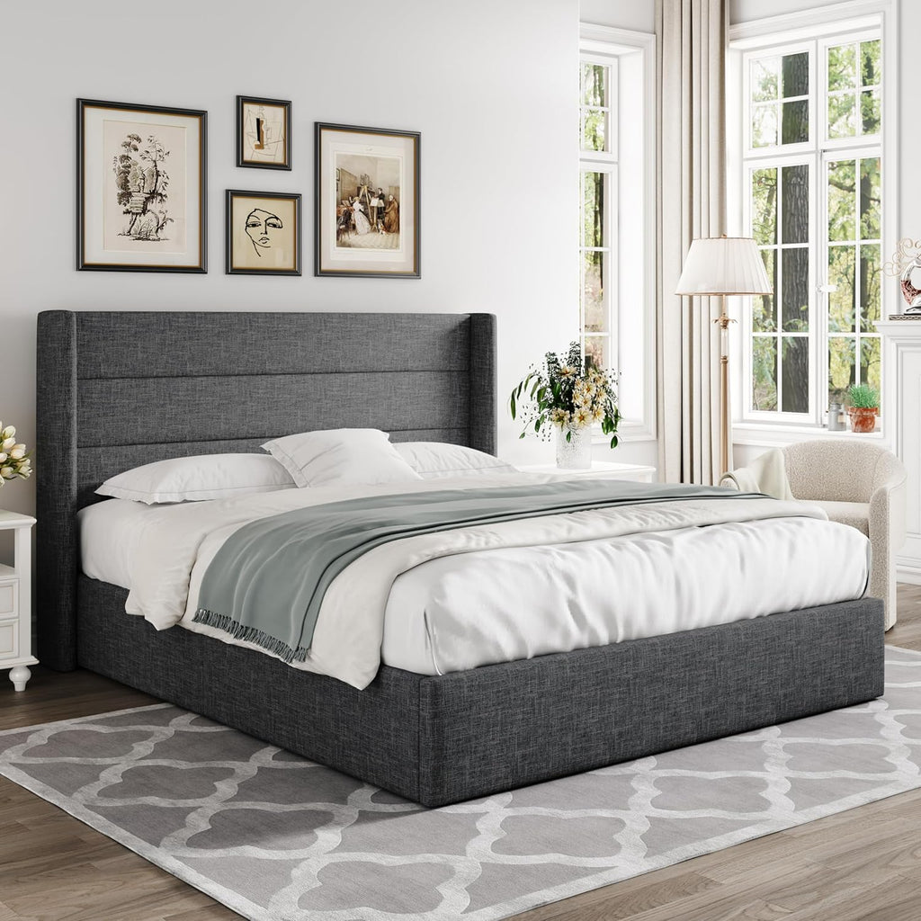 Queen Size Lift-Up Storage Bed With Wingback Headboard, Upholstered Platform Bed Frame With Hidden Storage