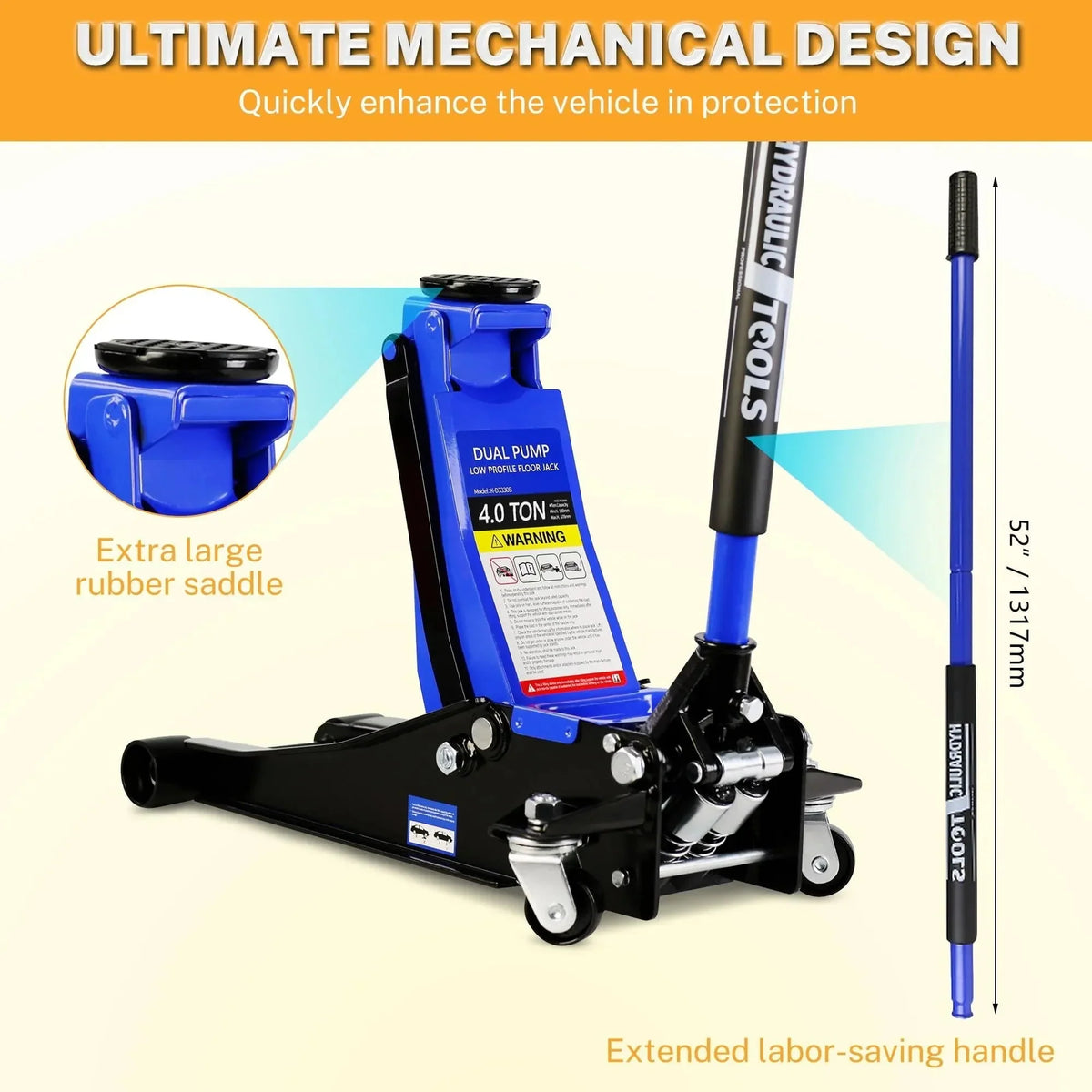 Seizeen 4-Ton Low Profile Floor Jack With Dual Pump Pistons, 4"-21" Lifting Range