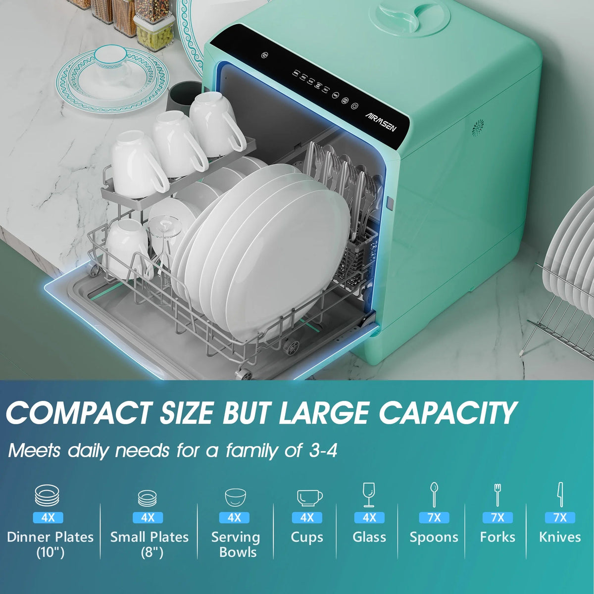 AIRMSEN Portable Countertop Dishwasher With 5L Built-In Water Tank And 5 Washing Programs - AE-TDQR03