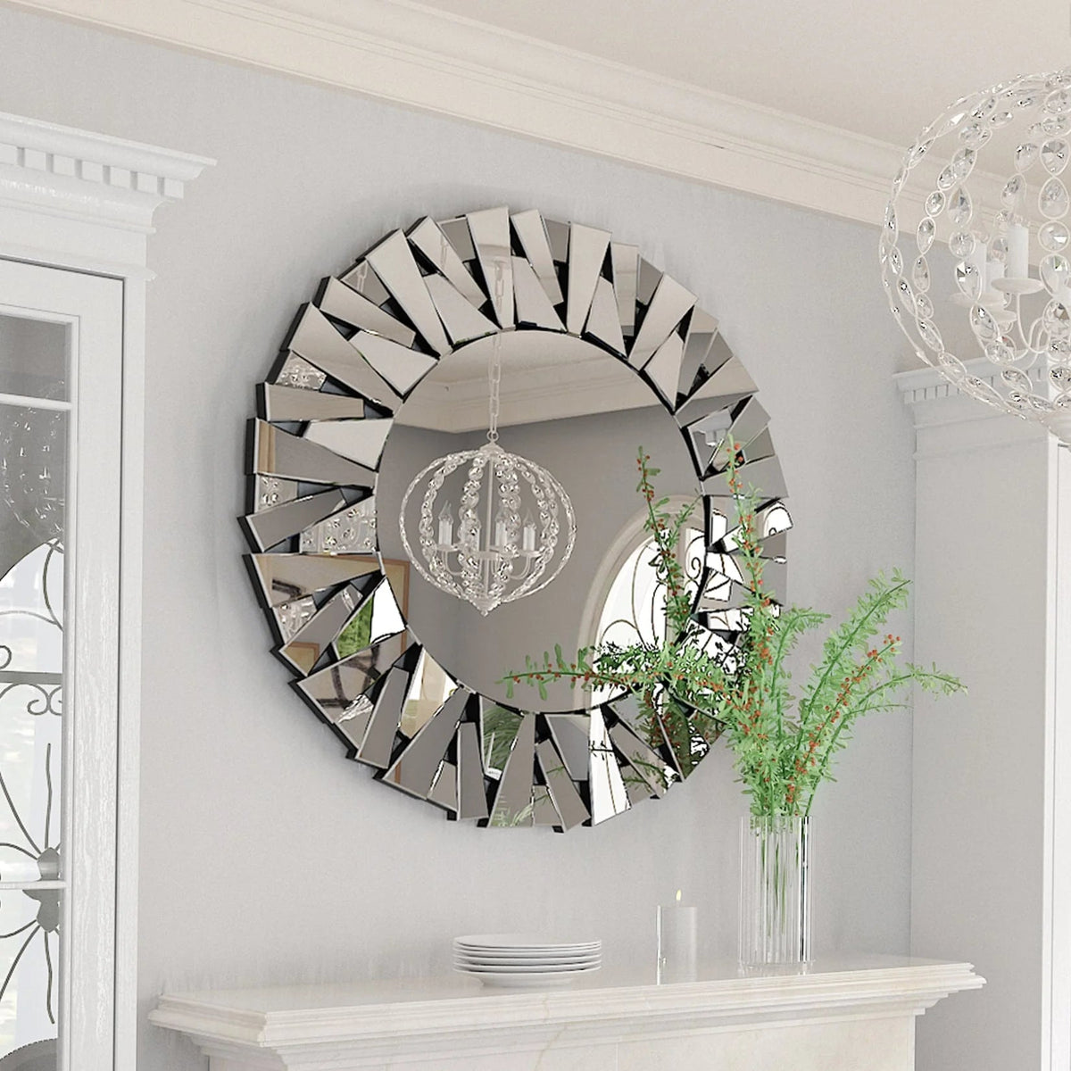 32 Inch Round Sunburst Decorative Wall Mirror, Silver Glass - 31.5 Inch