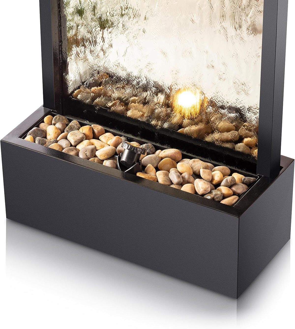 Alpine Corporation Wall-Mounted Mirror Waterfall Fountain With Stones And LED Lights, 24in L x 10in W x 72in H, Silver