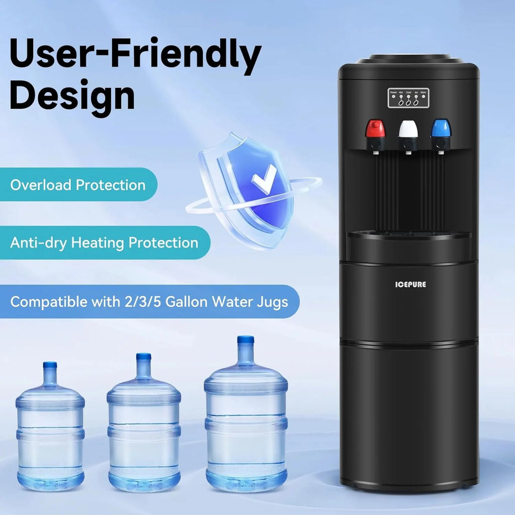 3-in-1 Hot and Cold Water Cooler With Built-In Ice Maker, Top Loading, Black - 3-5 Gallon Bottles
