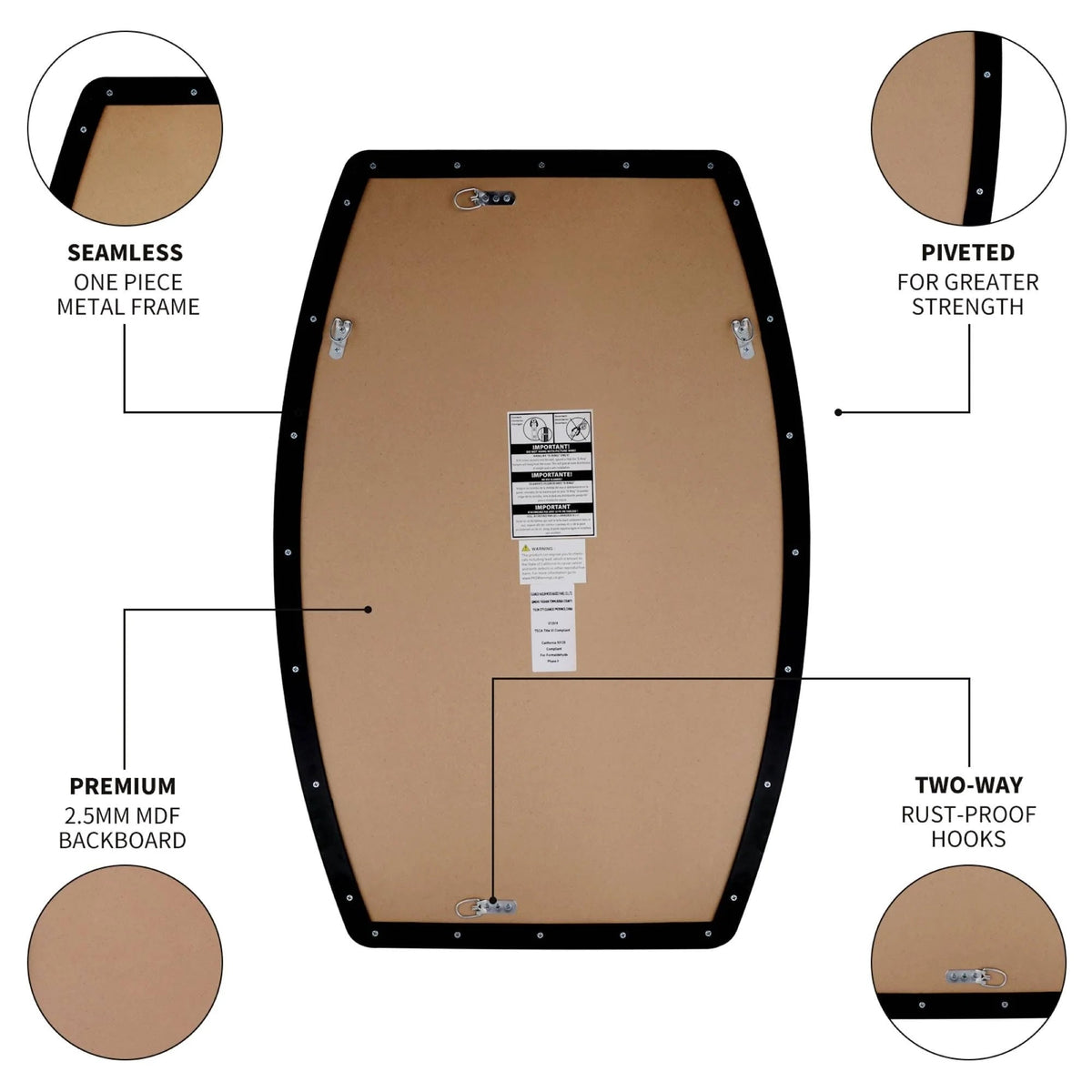 Oblong Metal Wall Mirror, 18 or 24 - Black, Gold, or Silver