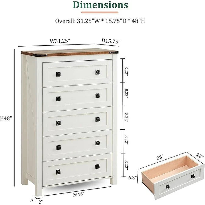 Farmhouse Engineered Wood 5-Drawer Dresser, 15.75in D x 31.25in W x 48in H