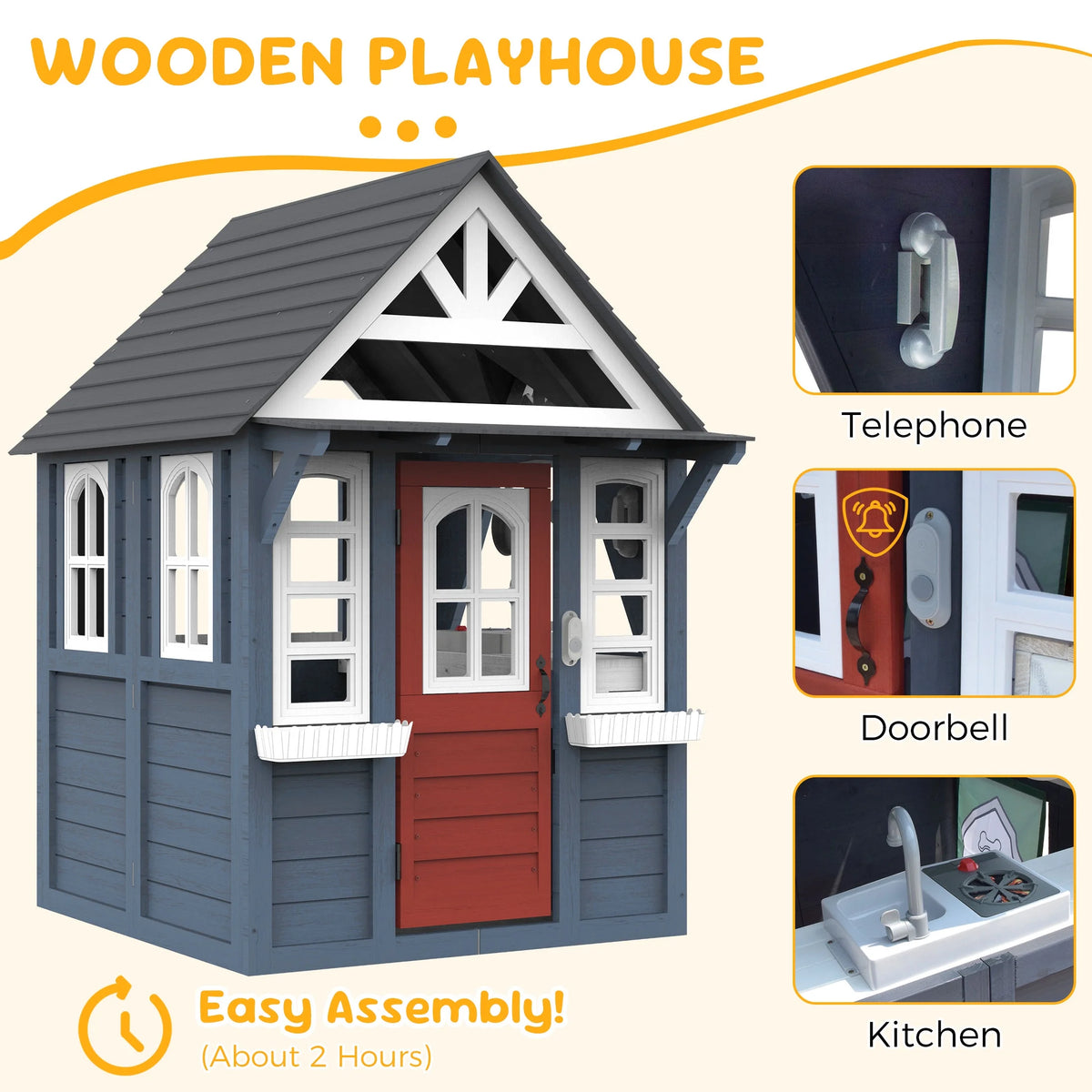 COCLUB Wooden Outdoor Playhouse With Doorbell, Phone And Kitchen Toys, 45in L x 43in W x 65in H