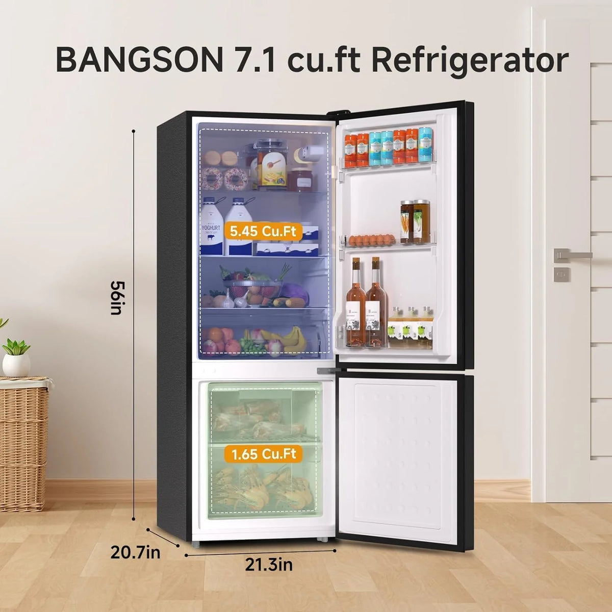 BANGSON Bottom Freezer Refrigerator 7.1 Cu.Ft Black - 2 Door