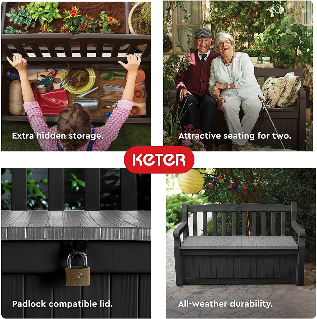 Keter Solana Storage Bench Deck Box, 70 Gallon, Brown, 54.6 x 23.4 x 32.8 in - Solana 70 Gallon Storage