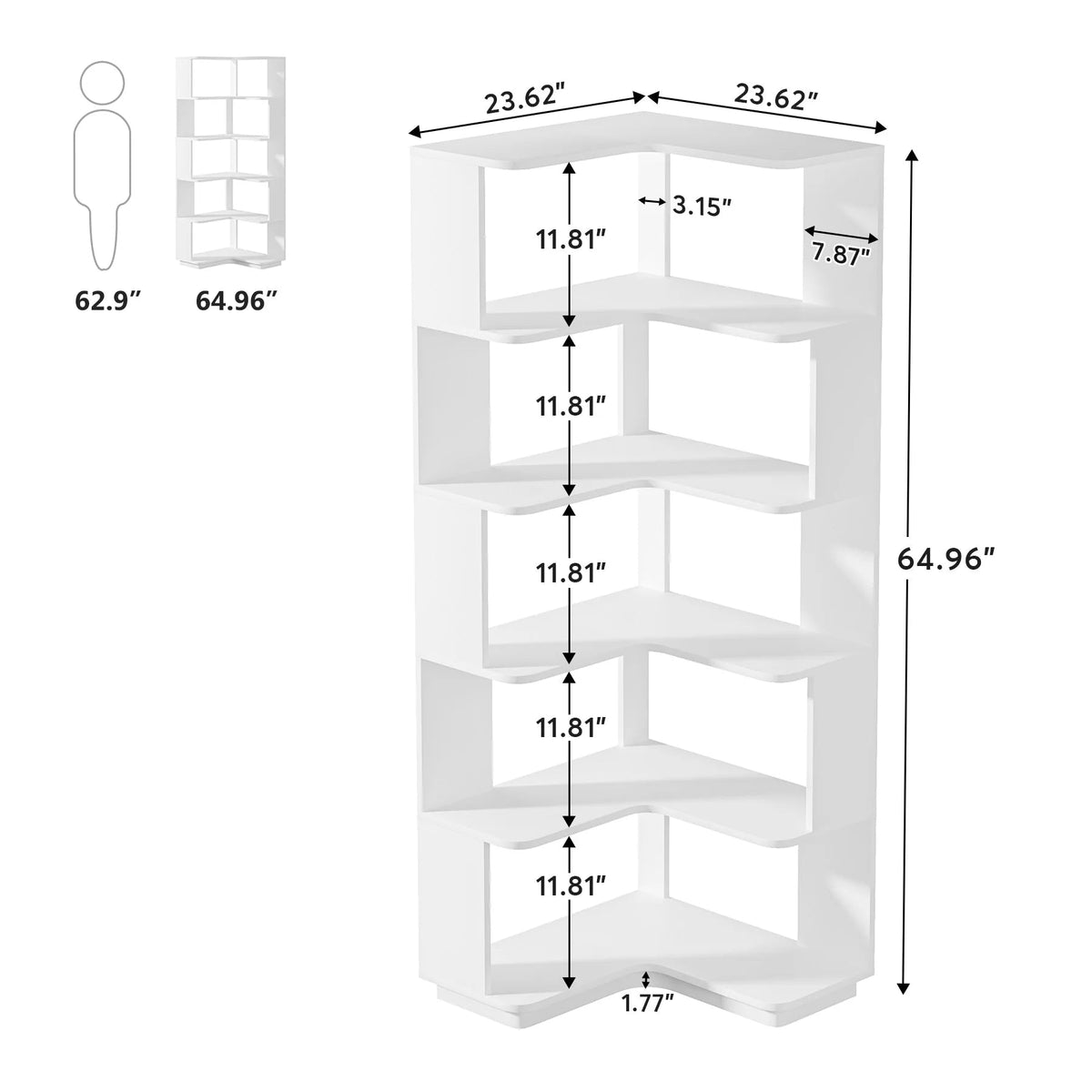 6-Tier Corner Bookshelf, 64.9 Inch Tall, Freestanding Wood Industrial Bookcase