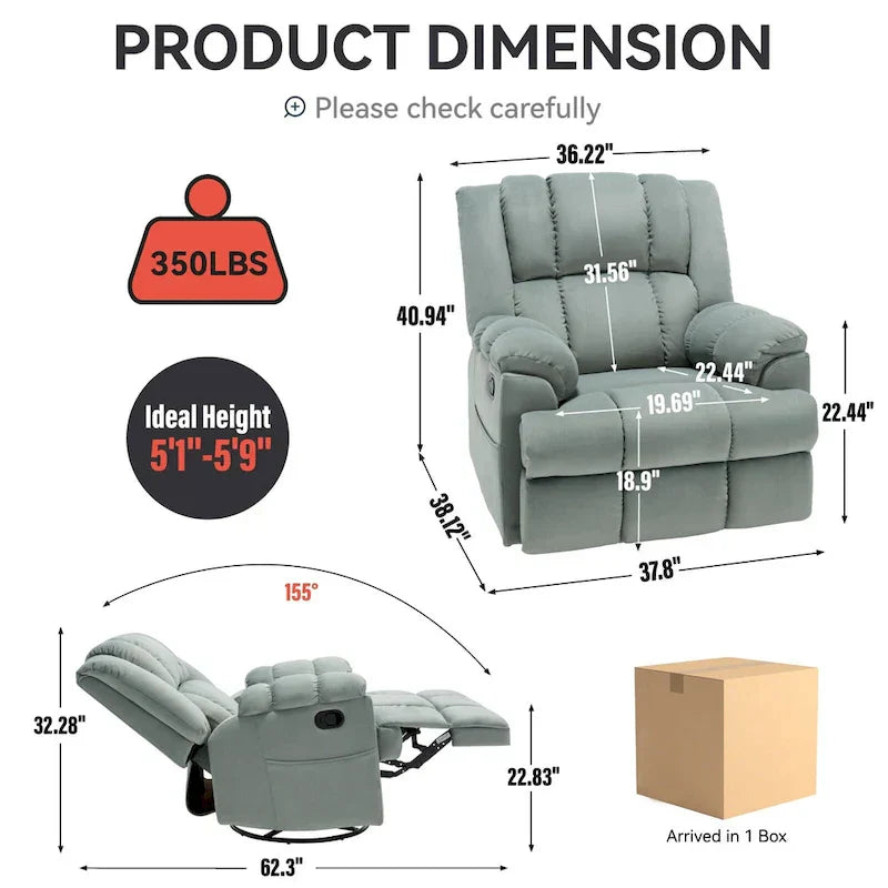 Lazy Boy Oversized Fabric Swivel Rocking Manual Recliner Chair, 37.8L*38.2W*41H, 155 Degrees