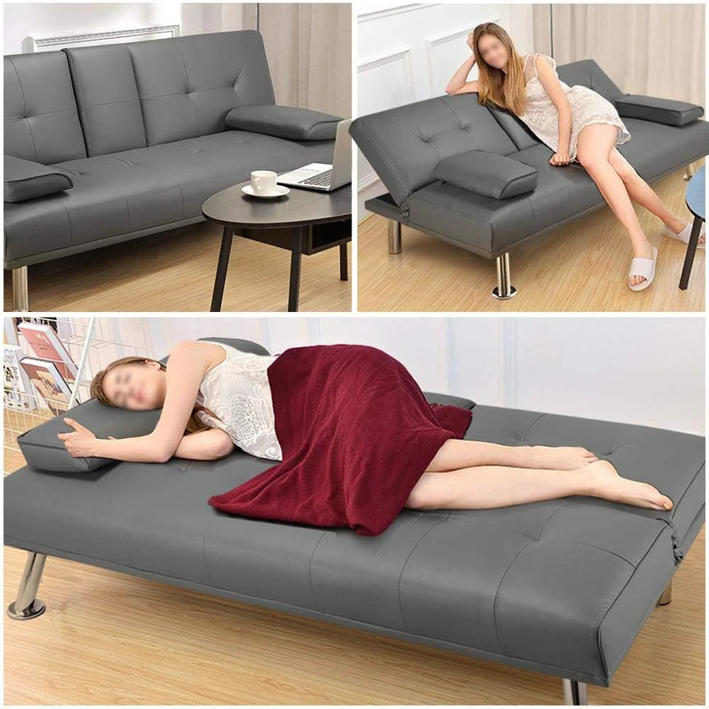 Yaheetech Convertible Faux Leather Sofa Bed, 3 Angles, 772lb Capacity, Black