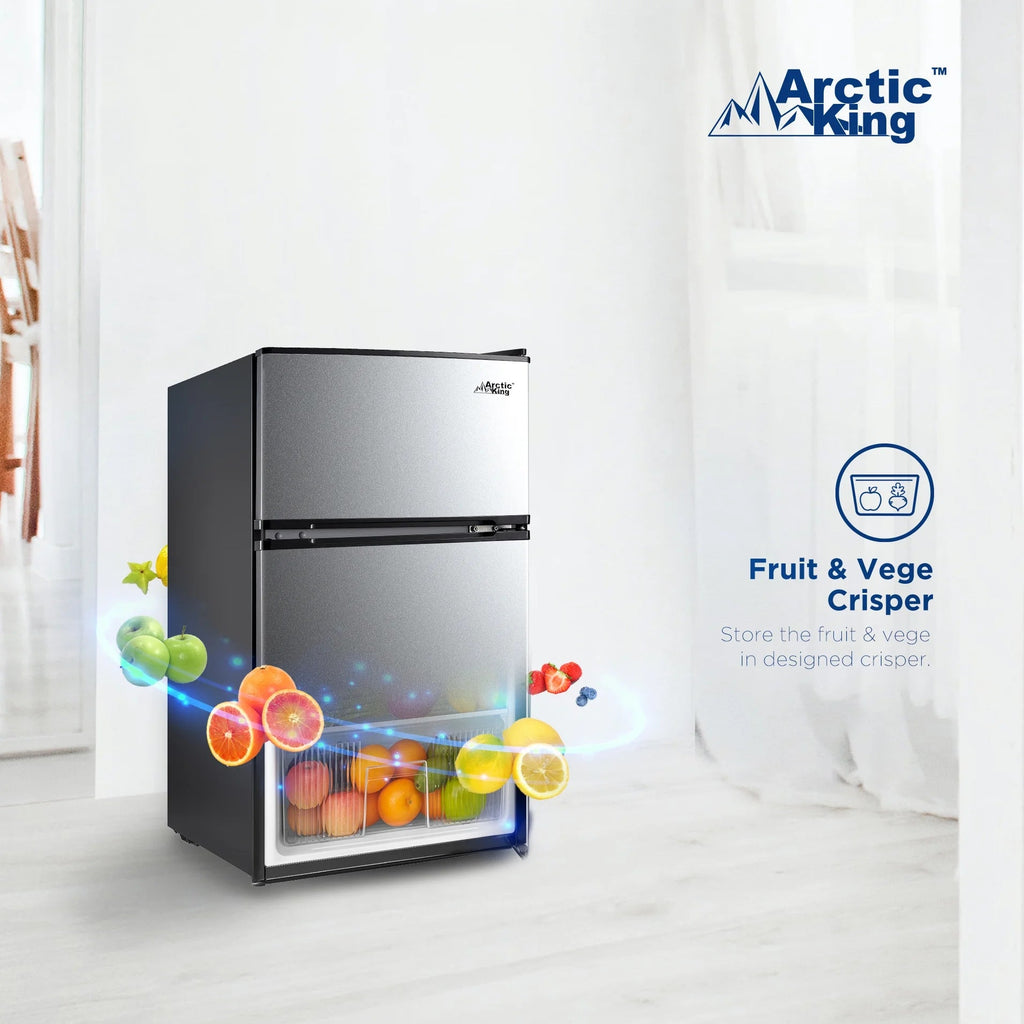 Arctic King Two-Door Mini Fridge With Freezer, 3.2 Cu ft, 18.5 in x 19.4 in x 33.3 in, Stainless Steel - E-Star