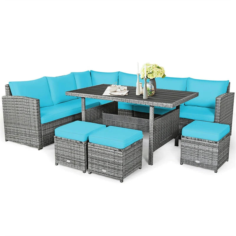 7-Piece Rattan Patio Dining Set With 3 Corner Chairs, 3 Ottomans And Table