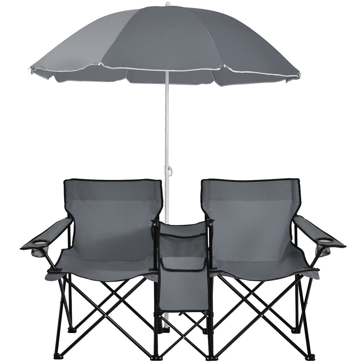 Double Folding Camping Loveseat Chairs With Umbrella, Mini Table And Cooler Bag