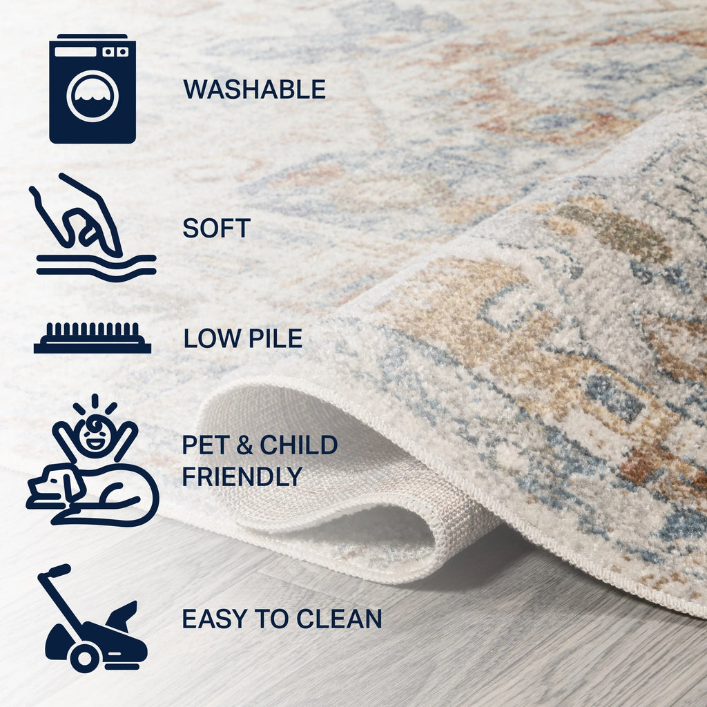 Bohemian Medallion Low-Pile Machine-Washable Area Rug, Cream And Terra
