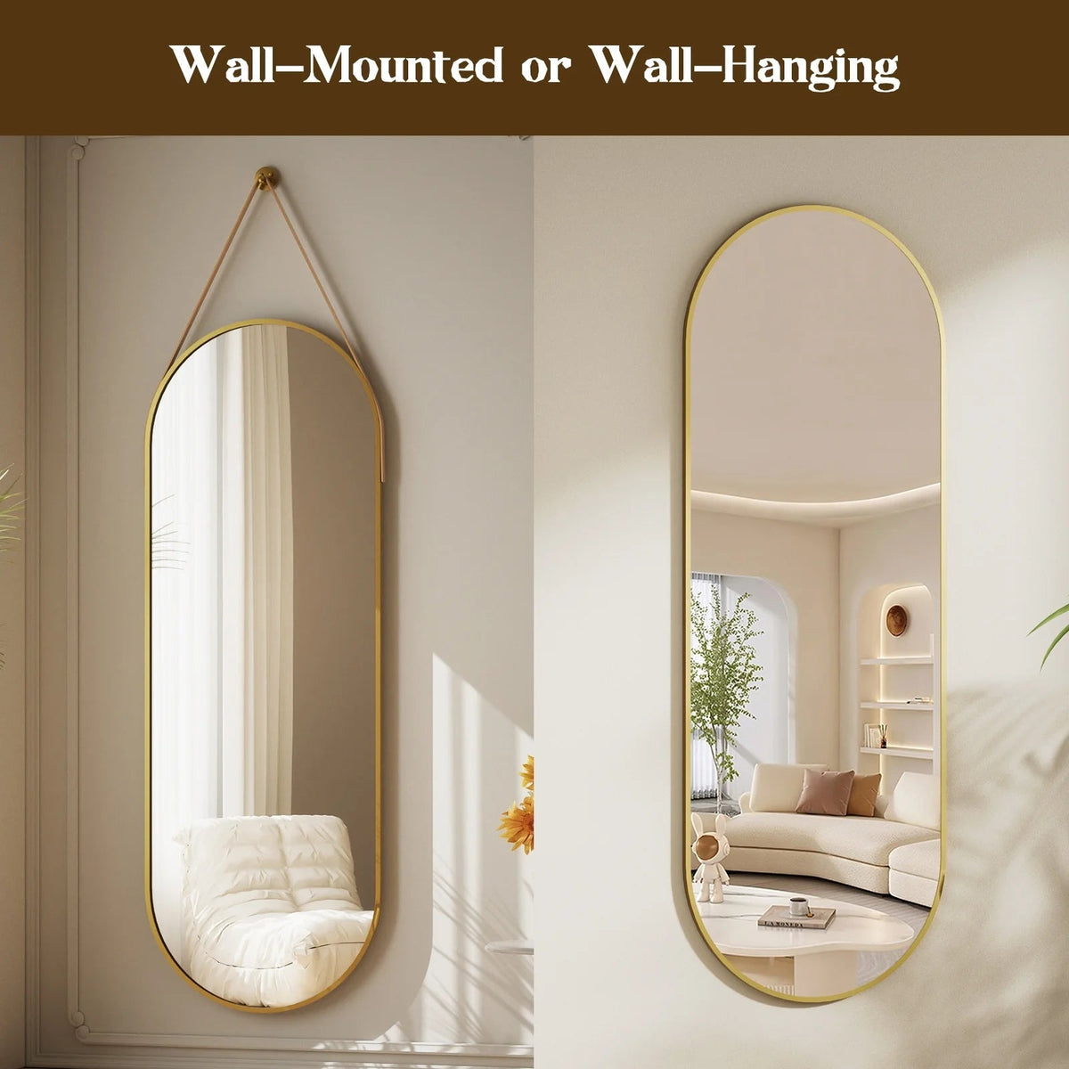Full Length Wall Mirror, 48 x 16 Inch, Black, Leather Strap