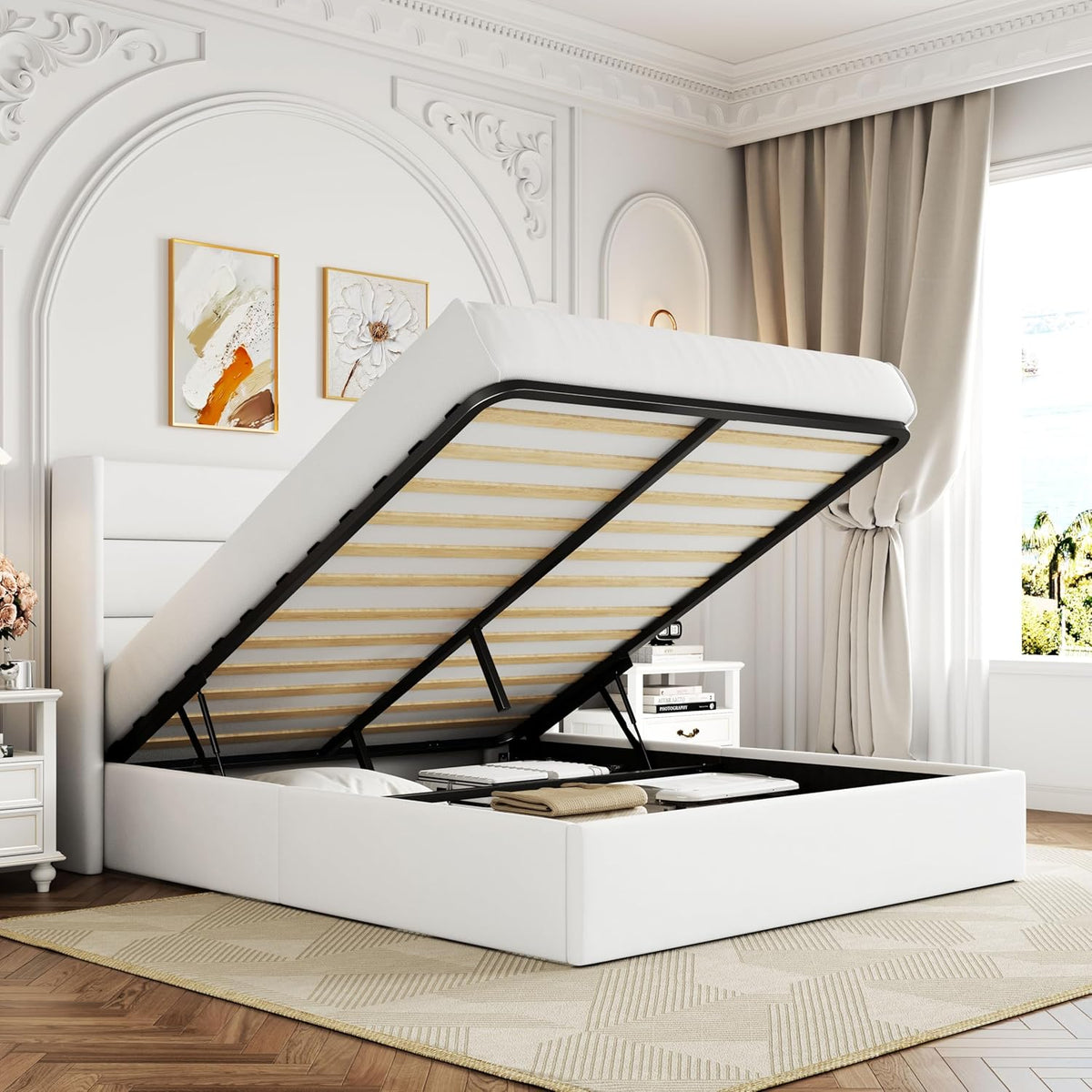 Queen Size Lift-Up Storage Bed With Wingback Headboard, Upholstered Platform Bed Frame With Hidden Storage