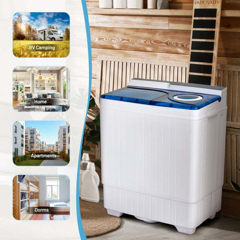 Portable Twin Tub Washer Dryer Combo With Drain Pump, 26 LBS - Blue/Gray