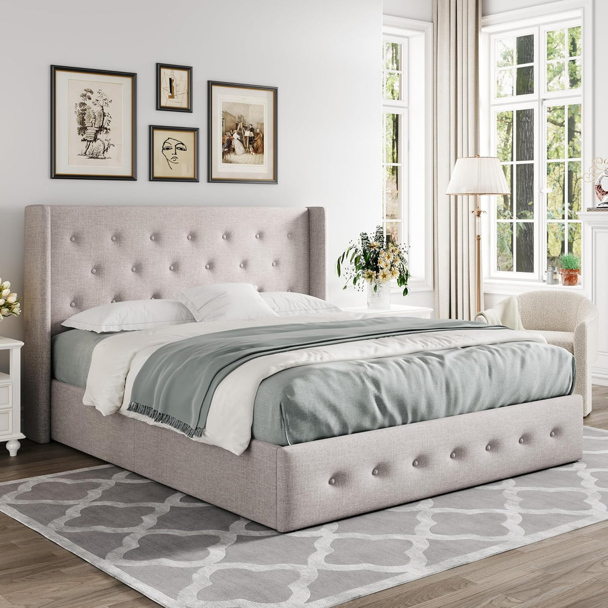 Queen Size Lift-Up Storage Bed With Wingback Headboard, Upholstered Platform Bed Frame With Hidden Storage