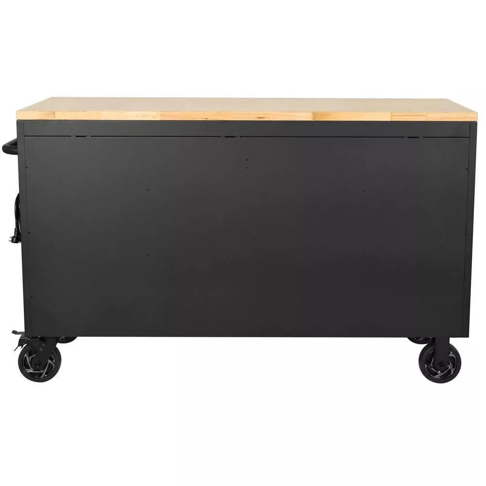61 Inch 15-Drawer Mobile Workbench With Solid Wood Top And Power Strip