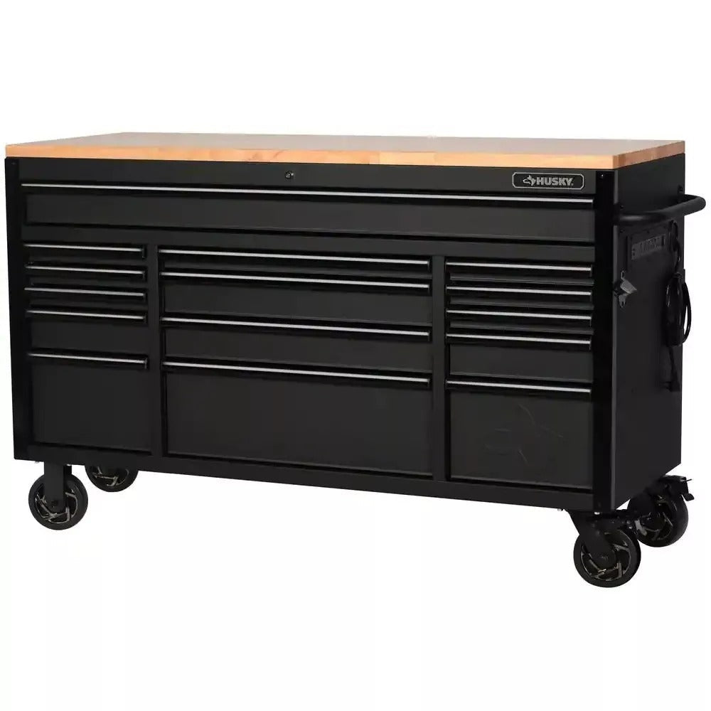 61 Inch 15-Drawer Mobile Workbench With Solid Wood Top And Power Strip