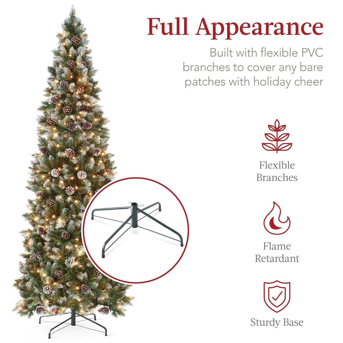 Best Choice Products 6ft Pre-Lit Partially Flocked Pencil Christmas Tree With 250 Lights And Pine Cones