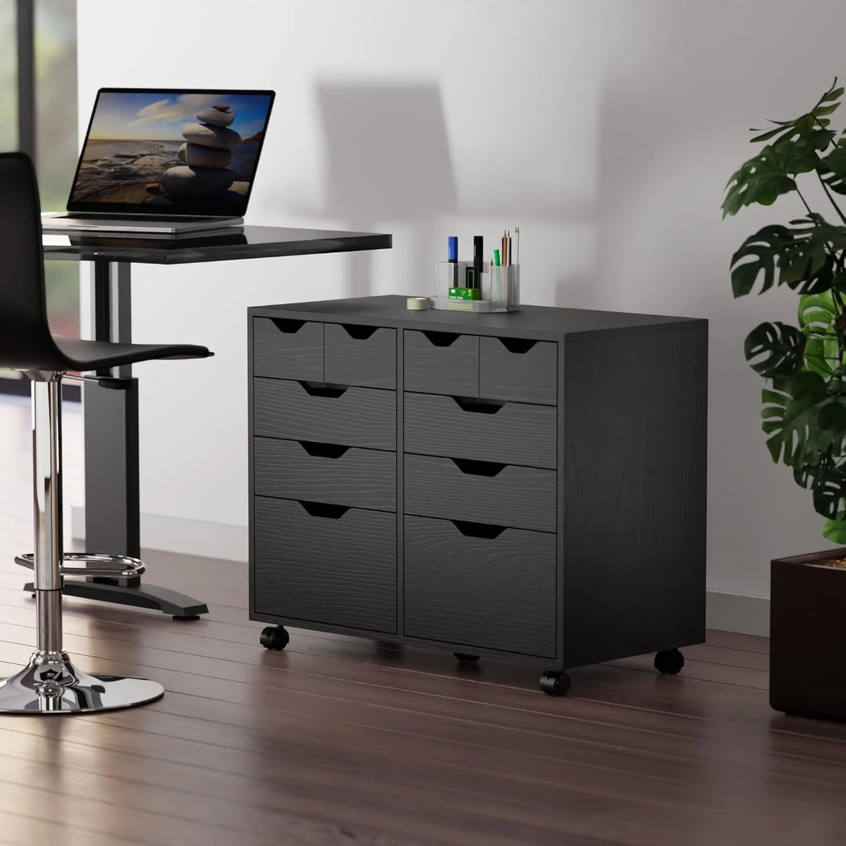 Halifax Mobile Storage Cabinet, 1 Door, 3 Drawers, 2 Wide Drawers, Black