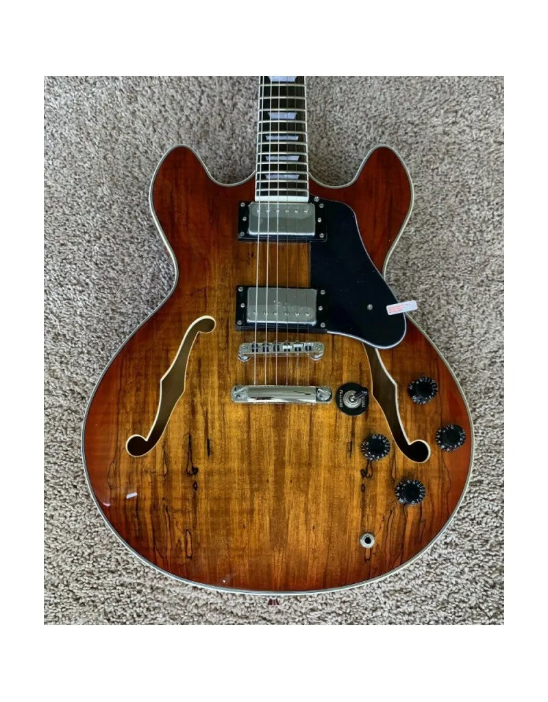 Semi-Hollow Electric Guitar 6-String Spalted Maple Finish Brown - FF338