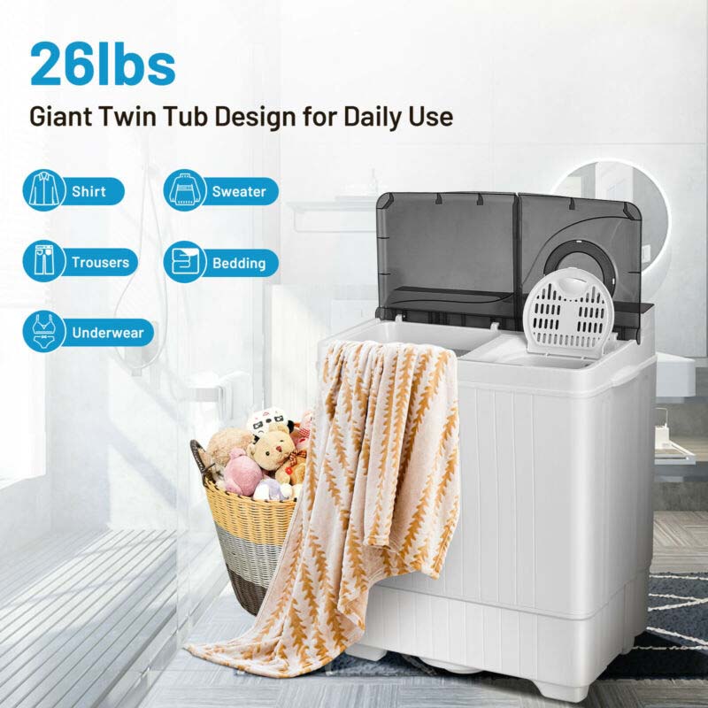 Portable Twin Tub Washer Dryer Combo With Drain Pump, 26 LBS - Blue/Gray