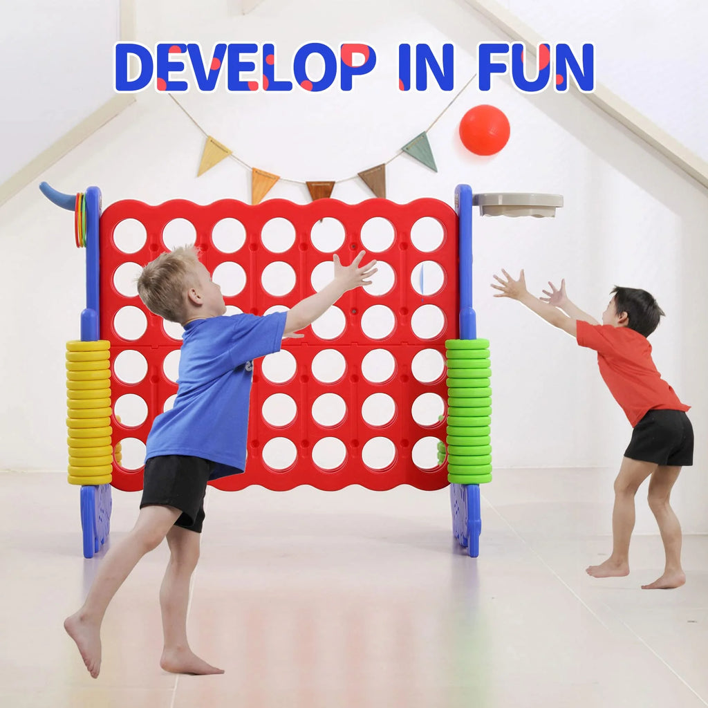 UNICOO 3-in-1 Giant 4 in a Row, Basketball Hoop and Ring Toss Game - Red + Blue