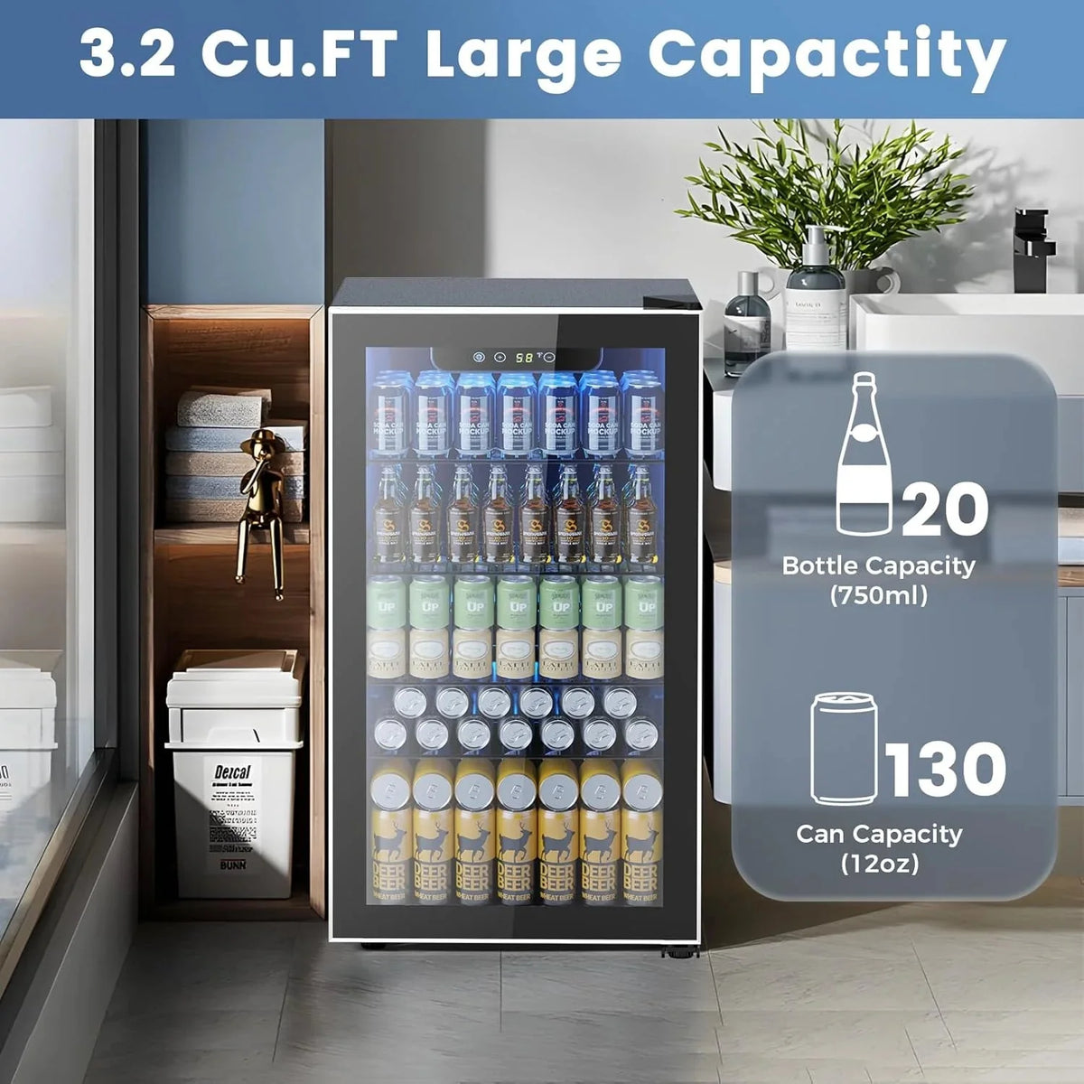 Electactic 3.2 Cu Ft 130 Can Beverage Refrigerator Cooler, Black, 19.29 x 17.32 x 30.79 inches - JC-90