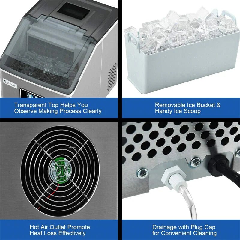 Stainless Steel Countertop Ice Maker, 48 lbs/24h, Silver, Self-Cleaning LCD Display
