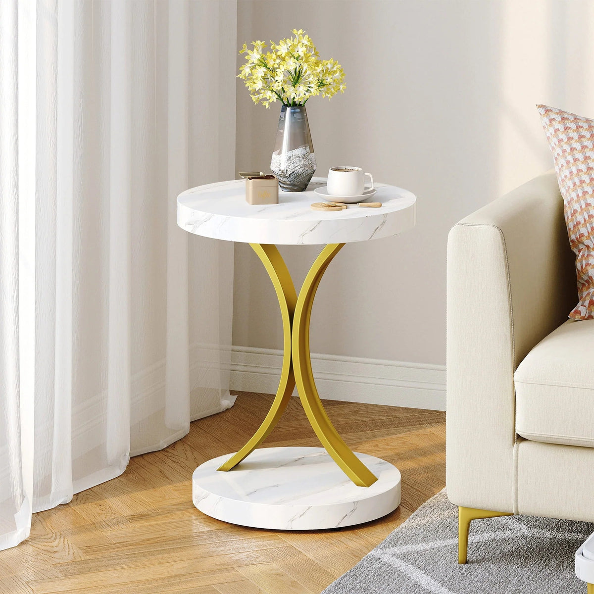 Console Table With Faux Marble MDF Top And Gold Metal Frame