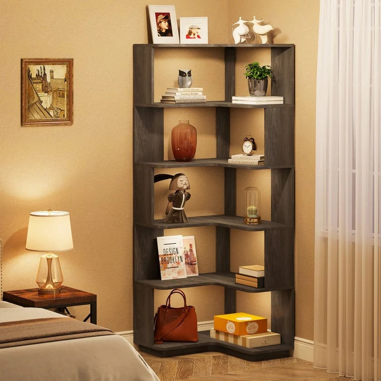 6-Tier Corner Bookshelf, 64.9 Inch Tall, Freestanding Wood Industrial Bookcase