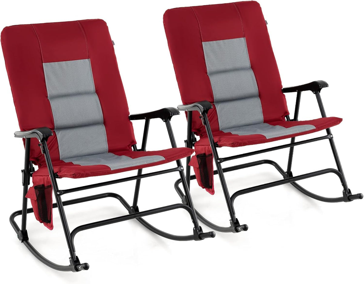 Oversized Folding Rocking Chair With Padded Seat, Metal Frame And Side Pocket