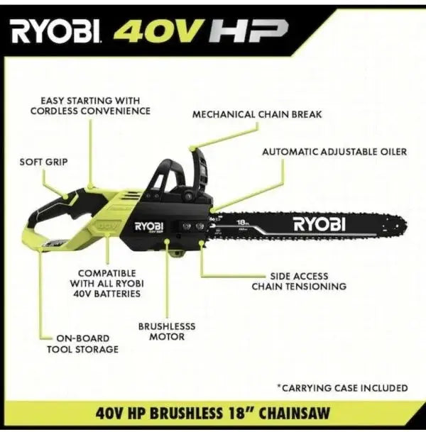 RYOBI 40V Cordless Chainsaw Kit, 18 Inch, Green