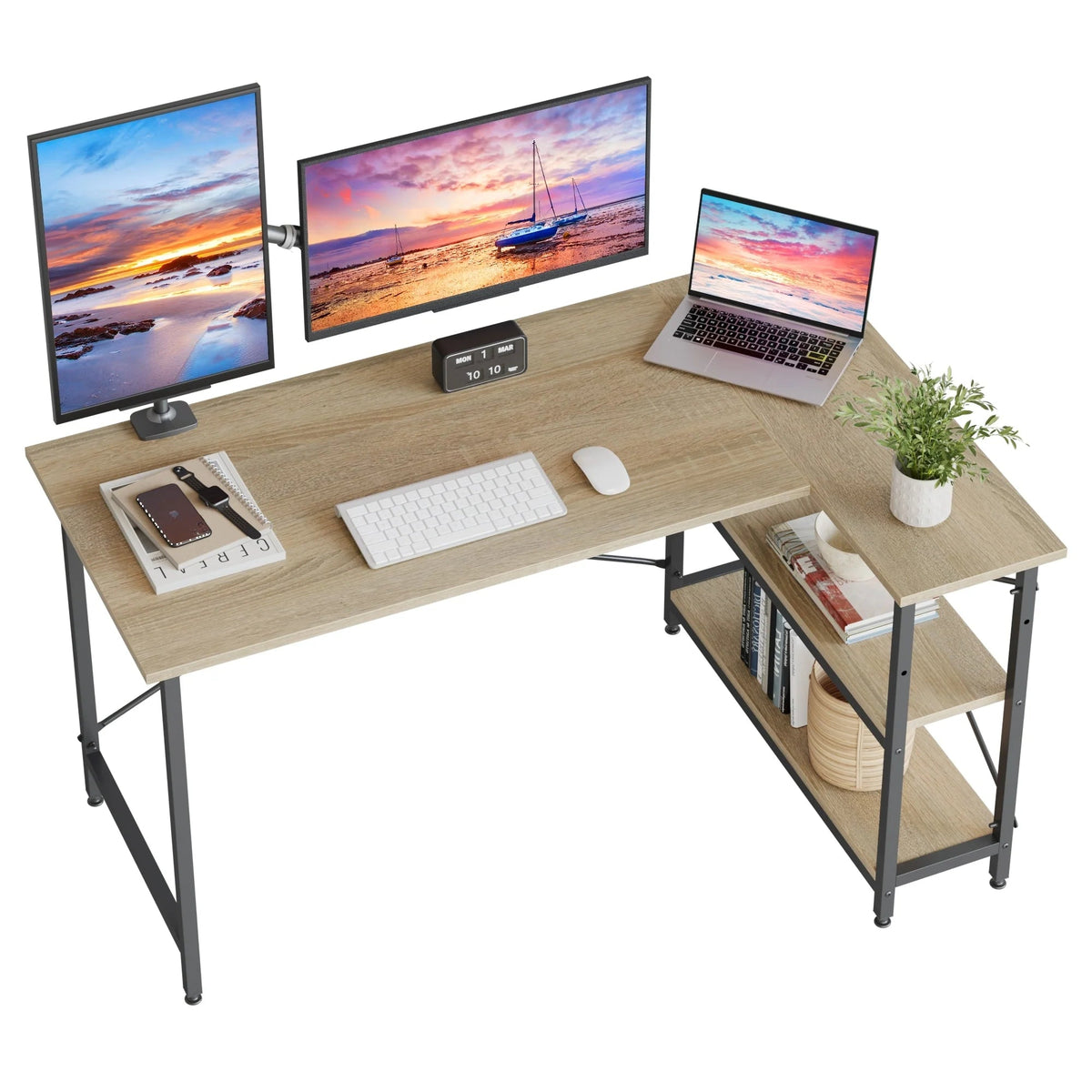 Small L-Shaped Computer Desk With Reversible Storage Shelves - 55-Inch / 47-Inch