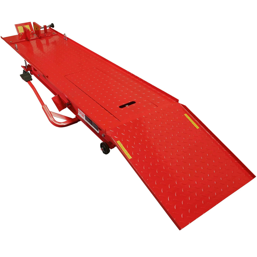 Hydraulic Motorcycle Lift Table 1,000 lb, 86.5 x 26.75 in Platform, 195mm-835mm Height, 26 in Ramp