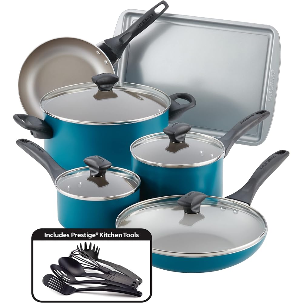 Farberware Dishwasher Safe Nonstick Cookware Set, 15 Piece, Blue - 20361