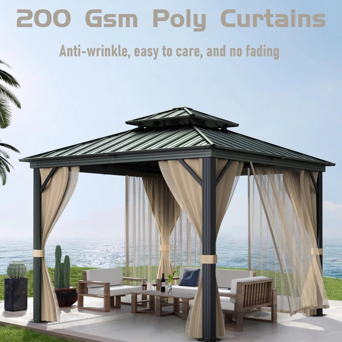 10x10 Hardtop Gazebo With Double Metal Roof, Aluminum Frame, Net And Curtain - Khaki