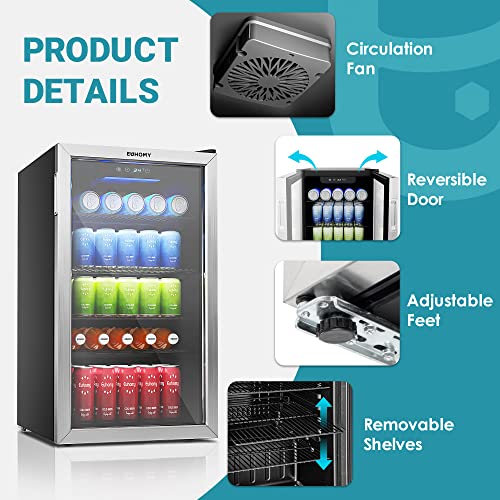 EUHOMY Beverage Refrigerator, 126 Can, 3.2 Cu.Ft, Glass Door - BR-110