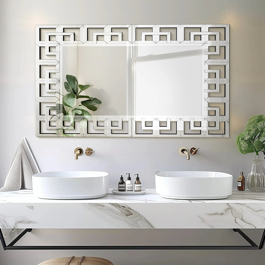 Silver Geometric Decorative Wall Mirror, 39.4in x 27.6in - MDF And Glass