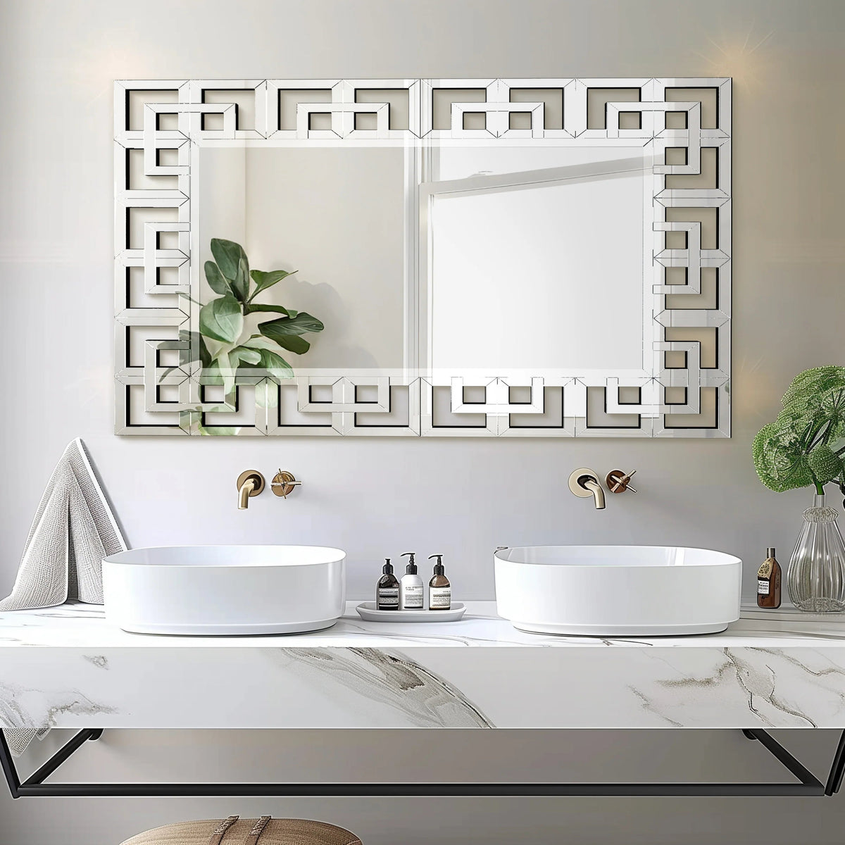 Silver Geometric Decorative Wall Mirror, 39.4in x 27.6in - MDF And Glass
