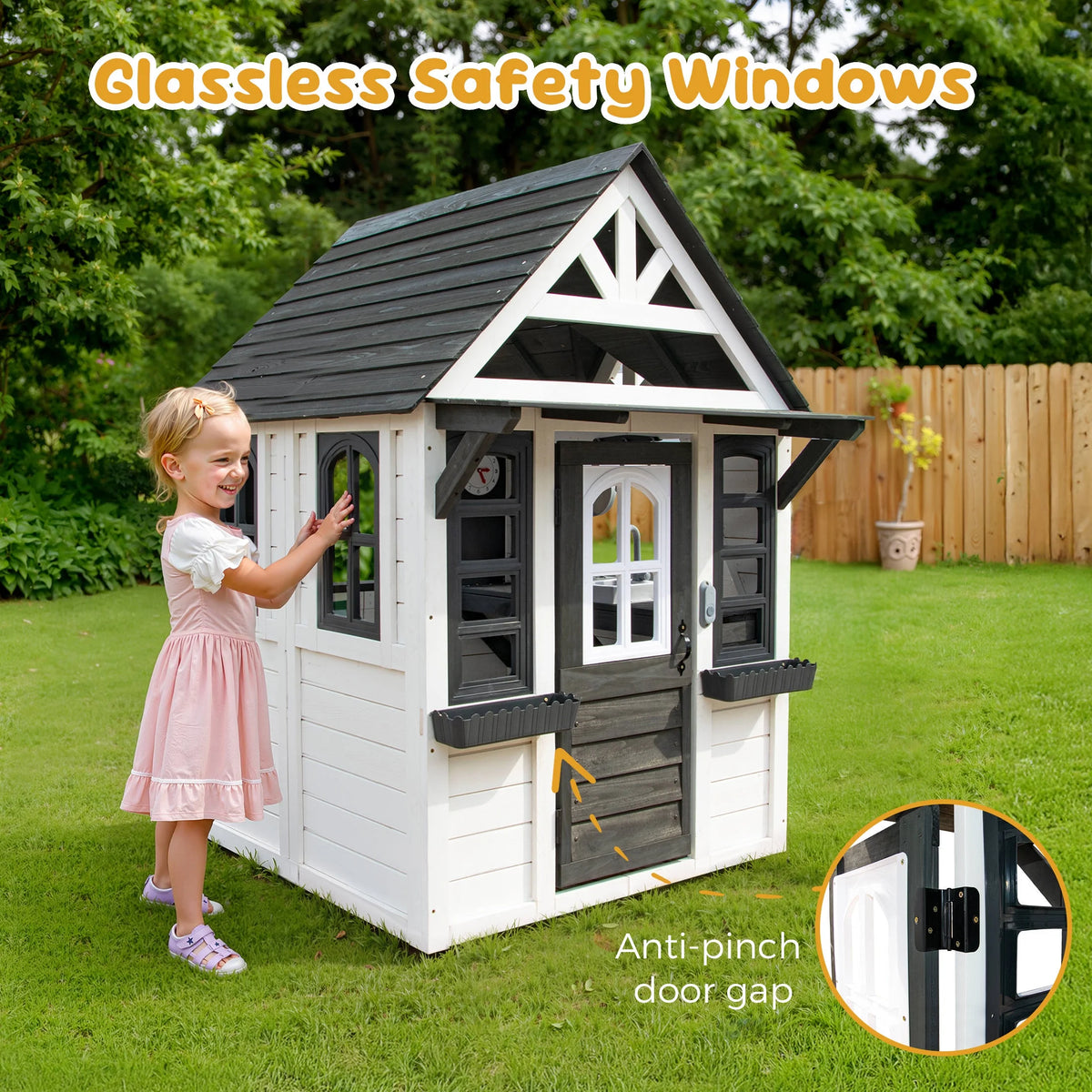 COCLUB Wooden Outdoor Playhouse With Doorbell, Phone And Kitchen Toys, 45in L x 43in W x 65in H