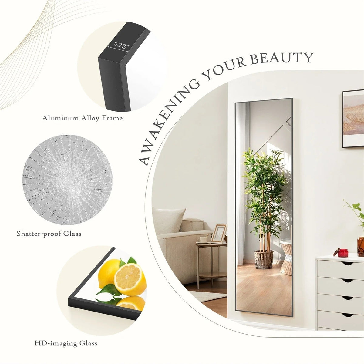 Full-Length Floor Mirror With Stand, Aluminum Alloy Frame - 71x30