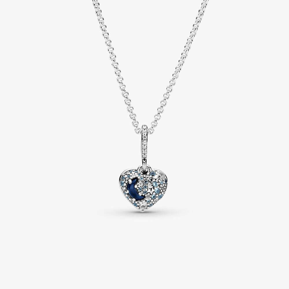Sparkling Blue Moon & Stars Heart Necklace