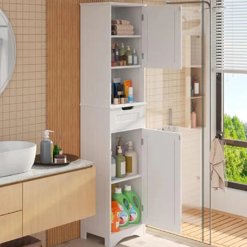67 Inch Tall Narrow Bathroom Linen Storage Cabinet, 5-Tier Solid Wood Freestanding