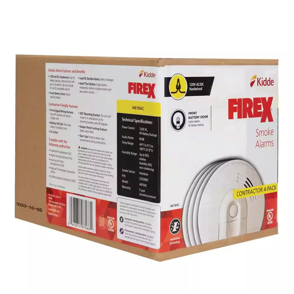 Hardwired Smoke Alarm With Ionization Sensor, 4-Pack, 120V AC, 9V Battery Backup - i4618